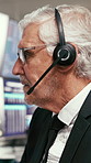 Mature, businessman or broker with headset for stock market analysis or online trading in office. Man, financial advisor or agent talking with mic for advice, digital currency or virtual assistance