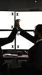 Men, high five and computer with blank screen for trading, success and motivation with mockup space. Business people, team and happy with celebration, achievement or revenue on stock market at office