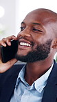 Phone call, lawyer and black man in office, smile and digital app for communication. African person, employee and attorney in workplace, negotiation for legal case and schedule for policy submission