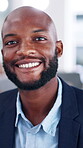 Happy, face and black man in office with business, auditor experience and pride for financial agency. Person, smile and accountant in workplace with about us, entrepreneurship and career development.