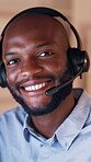 Call center, face and black man in office with headset, contact us or crm service in evening. Happiness, night and consultant in agency with mic, online assistance or customer support in overtime.