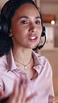 Contact, speaking and woman with headset in call center, troubleshooting advice and assistance hotline. Problem solving, talking or agent with tech support instructions, customer service or help desk