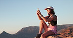 Woman, hiking and selfie with smile on mountain top for rest, space and web post in summer. Girl, sunglasses and photography on break, rocks or profile picture on social media with trekking on cliff