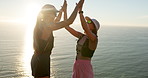 People, hiking and high five by ocean with hug, sunshine or check smart watch for fitness achievement. Flare, friends and celebration by sea outdoor with tech, wellness or embrace for hiker milestone
