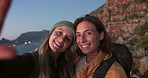 Face, friends and hiking on mountain with selfie, backpack and bonding together for outdoor adventure. Happy, women and trekking in nature with bag, photography and memories for tourist exploration.