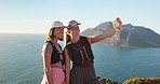 Woman, hiking and friends with selfie on mountain with ocean, memory and happy for web post on cliff. People, smile and outdoor by sea with photography, profile picture and social media with trekking