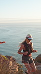 Friends, running and trail on mountain with sea, endurance training and cardio exercise for wellness. Runner, people and jog outdoor in nature with ocean scenery, fitness challenge or sports workout.