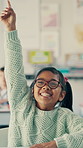 Question, education and kid in classroom at school for learning, knowledge or studying. Help, raised arm and girl student with answer for development, growth or quiz with scholarship at academy.