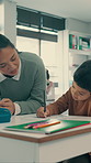 School, teacher and child in classroom for writing, education and creative lesson for development. Academy, youth and kids with stationery for learning, studying and drawing in notebook with educator