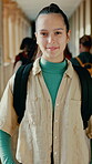School, timelapse and face of students in hallway for education, learning and ready for knowledge. Academy, campus and portrait of teenagers with backpack for lesson, development and scholarship
