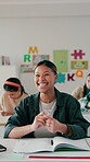 Laughing, education and book with student in classroom for learning, funny and scholarship advice. Course, knowledge and academy with girl in high school for teenager, problem solving and joke