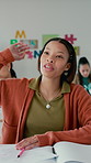 Raised hand, education and talking with student in classroom for learning, question and scholarship. Course, knowledge and academy with girl in high school for teenager, problem solving and answer