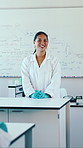 Science, teacher and talk in classroom with lesson, explain physics course or knowledge for education. Happy woman, educator and speaking in high school with advice, curriculum or teaching chemistry.