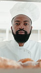 Black man, face and oven with muffins at bakery with pov, cooking and preparation at confectionery store. Person, chef and baker in portrait with cake, process and hat for dessert at restaurant