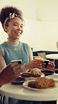 Friends, coffee or woman in cafe with dessert, conversation or bonding together on weekend break. Happiness, pastry or people with warm beverage, connection or hangout in healthy relationship.