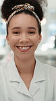 Happy woman, face and pastry chef in bakery for culinary art, service or dessert in shop. Portrait, female person or baker with smile for small business management or hospitality in kitchen or cafe
