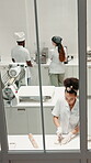 Baking, woman or dough in restaurant kitchen, hospitality service or food preparation process for bakery. Coworking, window or baker with dessert cooking for coffee shop, cutting pastry or high angle