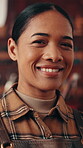 Face, happiness or leather artisan in factory with pride, ambition or career in goods manufacturing. Portrait, woman or craftsperson with confidence, about us or textile industry in Australia.