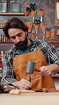 Leather workshop, man and tools with craft, manufacturing and unique textile product. Hammer, fabric and craftsman with tannery, small business and service with repair process and suede texture
