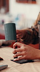 Hands, hammer or production in leather workshop with tools, manufacturing process or creative craft. Person, equipment and artisan with stitching chisel, bespoke fashion and textile