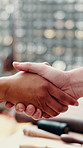 Business people, leather and handshake with smith in workshop for thank you or repair service. Artisan, crafter or customer shaking hands with agreement for fabric restoration, fix or maintenance