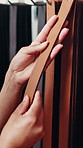 Textile, workshop and hands of woman with leather for selection, choice and tailor service. Creative, small business and person with material, fabric and strap for production, manufacturing and craft