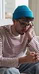 Man, anxiety and nervous with disappointment for bad news, mistake or regret in home. Frustrated, upset or male person with depression or emotional trauma for loneliness, mental health or issues