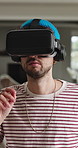 Online, scroll and man with virtual reality glasses for cyberspace, metaverse and digital entertainment. Home, touch and person with vr headset for interactive ui, streaming and futuristic website