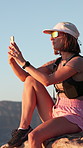 Woman, hiking and photography with phone on cliff for travel, social media post and scenery. Female person, mobile app and capture view for blog, profile picture update and adventure memory in nature
