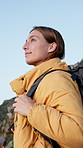 Nature, backpacking and woman on mountain for outdoor hiking, adventure or fitness on holiday. Travel, journey and female person trekking for exercise, hobby or health on vacation or weekend trip.