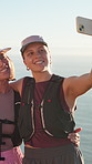 Friends, hiking and selfie with photography outdoor for travel, social media post and holiday trip. Smile, women or embrace for profile picture update, capture view and vacation with adventure memory