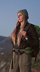 Thinking, backpacking and woman on mountain for outdoor hiking, adventure or fitness on holiday. Travel, reflection and person trekking for exercise, hobby or health on vacation or weekend trip.