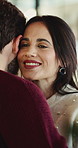 Dancing, love and couple in home, smile and bonding together for relationship. Apartment, man or woman in living room, happiness or celebration for anniversary, romance or marriage with trust or care
