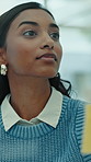 Glass wall, writing and business woman in office for financial strategy, agenda or think of idea. Sticky note, planning and consultant with investment solution, project management and problem solving