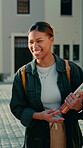 Laughing, friends and education with students outdoor for discussion, scholarship advice and bonding. Support, joke and conversation with group of people or teenagers on campus for high school