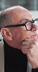 Thinking, review or mature man in office with specs, insight or budget report in funding pitch. Reflection, wonder or finance consultant with glasses, portfolio check or proposal ideas for investment