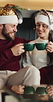 Christmas, cheers and couple in lounge, smile and tradition with eggnog, celebration and festive season. Cacao, man and woman in home, Xmas holiday and bonding together with hats, toast or happiness