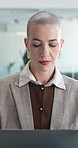 Corporate, woman and reading with laptop in office for research, finance report and bookkeeping. Female person, pc and email for client inquiry, audit account and information with financial records