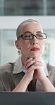 Thinking, glasses or woman in office with laptop, review or budget insight for funding pitch. Reflection, specs or finance consultant with tech, portfolio check or proposal ideas for investment.