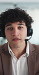 Face, man and headset with video call for communication, advice and customer support in office. Male agent, discussion and webinar for online consultation, contact us and procedure for solution