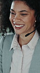 Speaking, laughing and woman with headset in call center, customer service and troubleshooting advice. Contact, talking and help desk operator with funny online consultation, tech support and smile