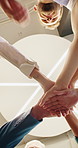 Low angle, hands stack and business people in office, investor and support for profit increase. Excited, employees and financial advisor in workplace, gesture or meeting for trading goals and success