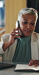 Woman, phone call and notebook with laptop at office for review, insight and talk at insurance company. Mature person, happy and broker on smartphone for checklist, feedback or risk management agency