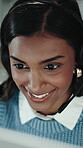 Woman, speaking and telemarketing in office with computer, life insurance advice or financial service. Person, smile and discussion with desktop for lead generation, market survey or policy feedback.