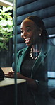 Black woman, accountant or video call with tablet in office booth for communication or discussion. Female person, employee or consultant talking on technology in cubicle for online meeting or webinar