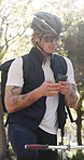 Outdoor, bicycle and delivery man reading with phone, navigation app and check route for directions. Supply chain, logistics and cyclist with mobile for drop off location, search and courier service