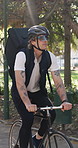 Outdoor, cycling and delivery man with bicycle for logistics, supply chain and eco friendly transport. Sustainable shipping, nature and cyclist with backpack for parcel drop off, commute and courier
