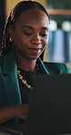 Smile, business and black woman with laptop in office for research, email client and real estate. Female person, typing and pc to review schedule, price property and online inquiry for resale listing