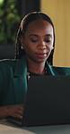 Business, black woman and typing with laptop in office for research, email client and real estate. Smile, female person and pc to review schedule, price property and online inquiry for resale listing