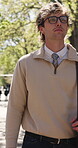 Walk, reflection or businessman in park with specs, mindfulness or inspiration in morning travel. Commuting, thoughts or employee with glasses, outdoor stroll or perspective at start of day.